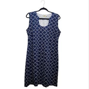 VTG Katherine Way Blue Quatrefoil Print Knee Length Sleeveless Dress Sz L Tactel